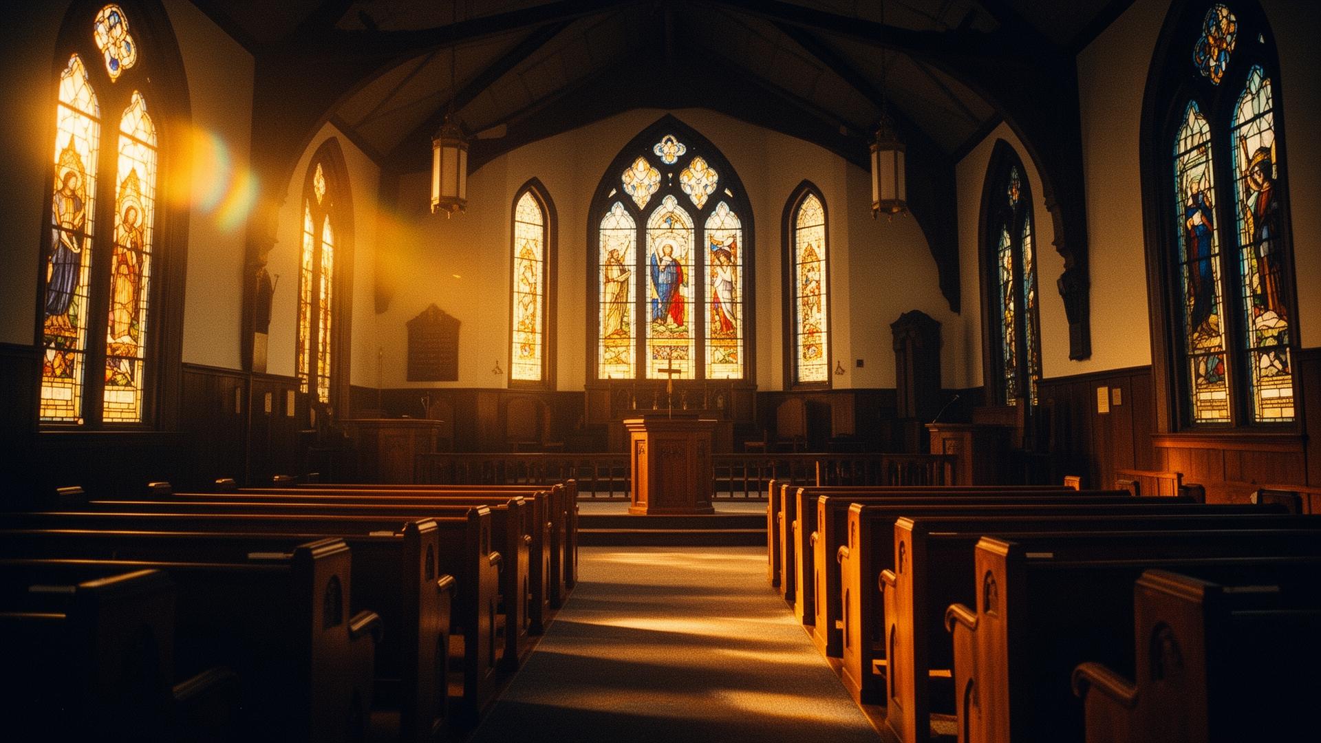 Sanctuary at golden hour with light through stained glass